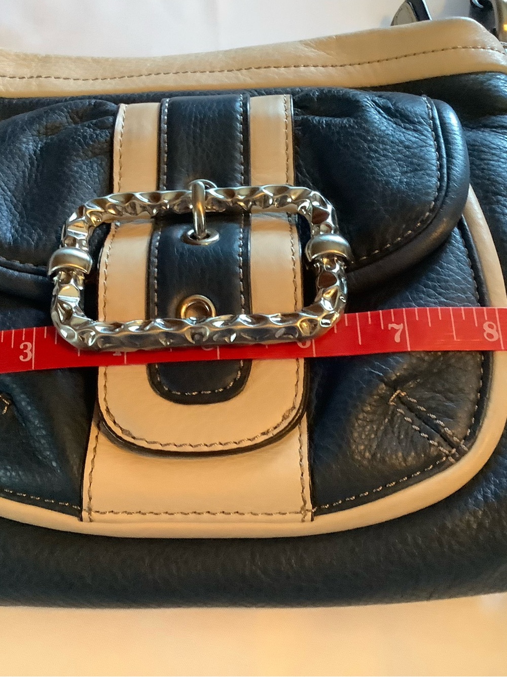 b. makowsky Blue and Cream Leather Shoulder Bag with Decorative Chain Buckle - Picture 10 of 10